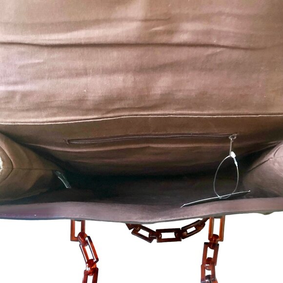 Vintage Brown Quilted Nylon Shoulder Handbag Plastic Chain Handles New - Picture 6 of 13